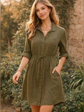 Japna Olive Shirt Dress Tie Waist Pockets S